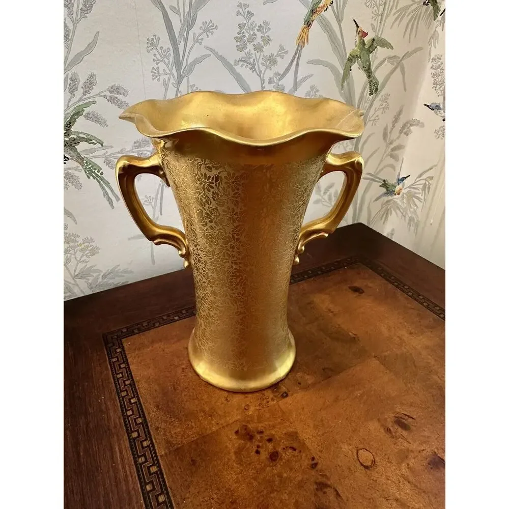 Vtg Antique Gold Encrusted Hand Painted Double Handled Trumpet Vase 1711